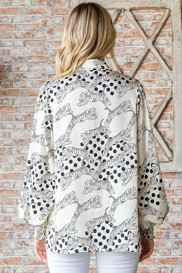 First Love Tiger Print Collared Neck Long Sleeve Satin Shirt - Love Salve 