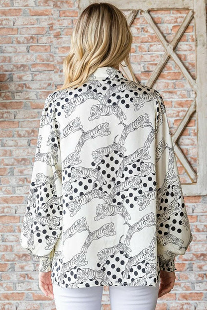 First Love Tiger Print Collared Neck Long Sleeve Satin Shirt 