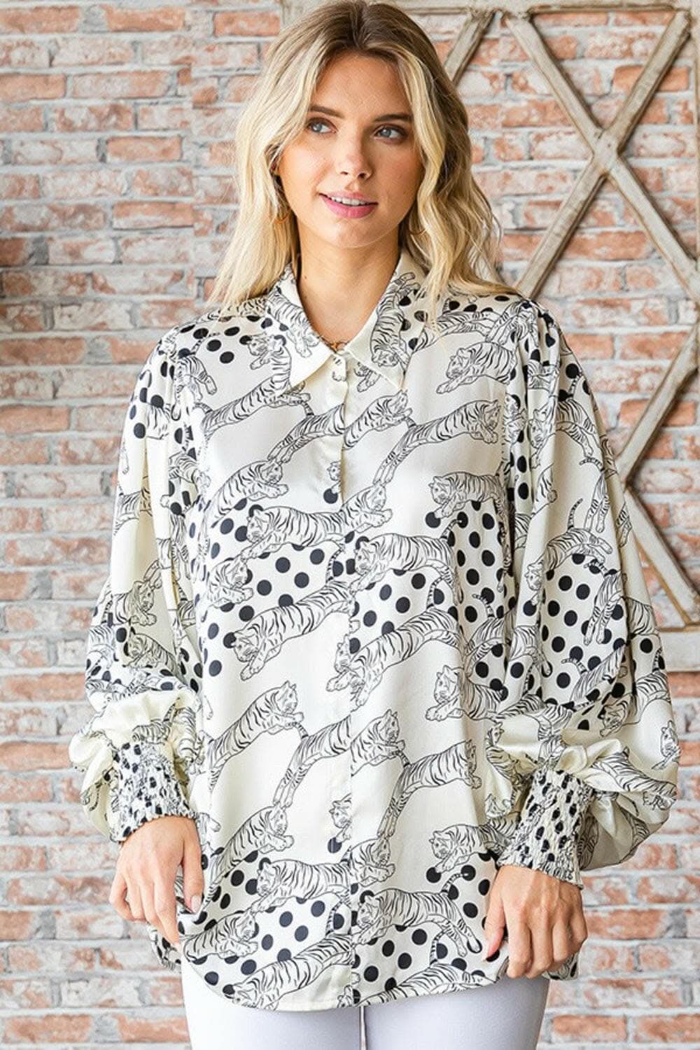 First Love Tiger Print Collared Neck Long Sleeve Satin Shirt 