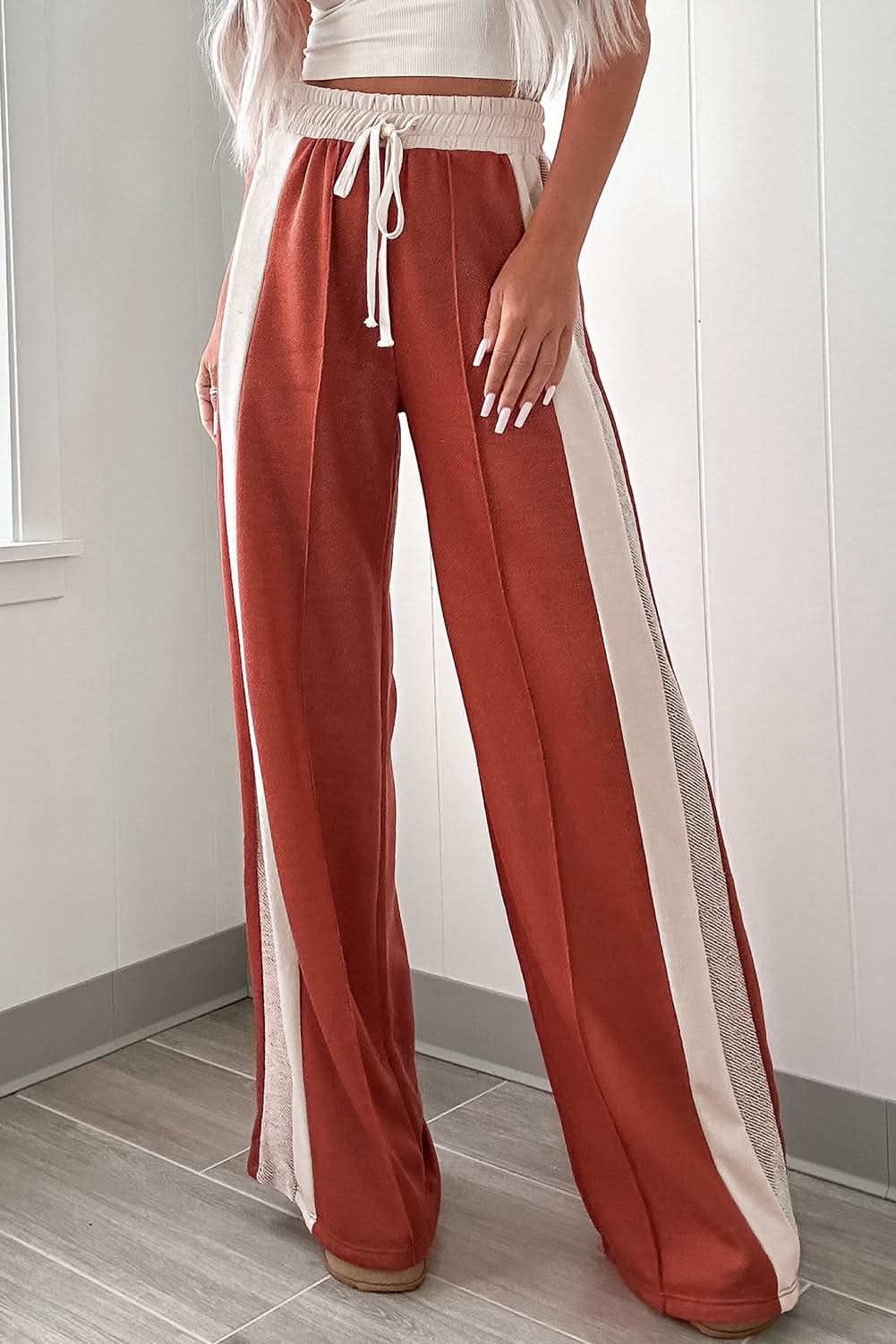 Flamingo Color Block Drawstring High Waist Wide Leg Pants 