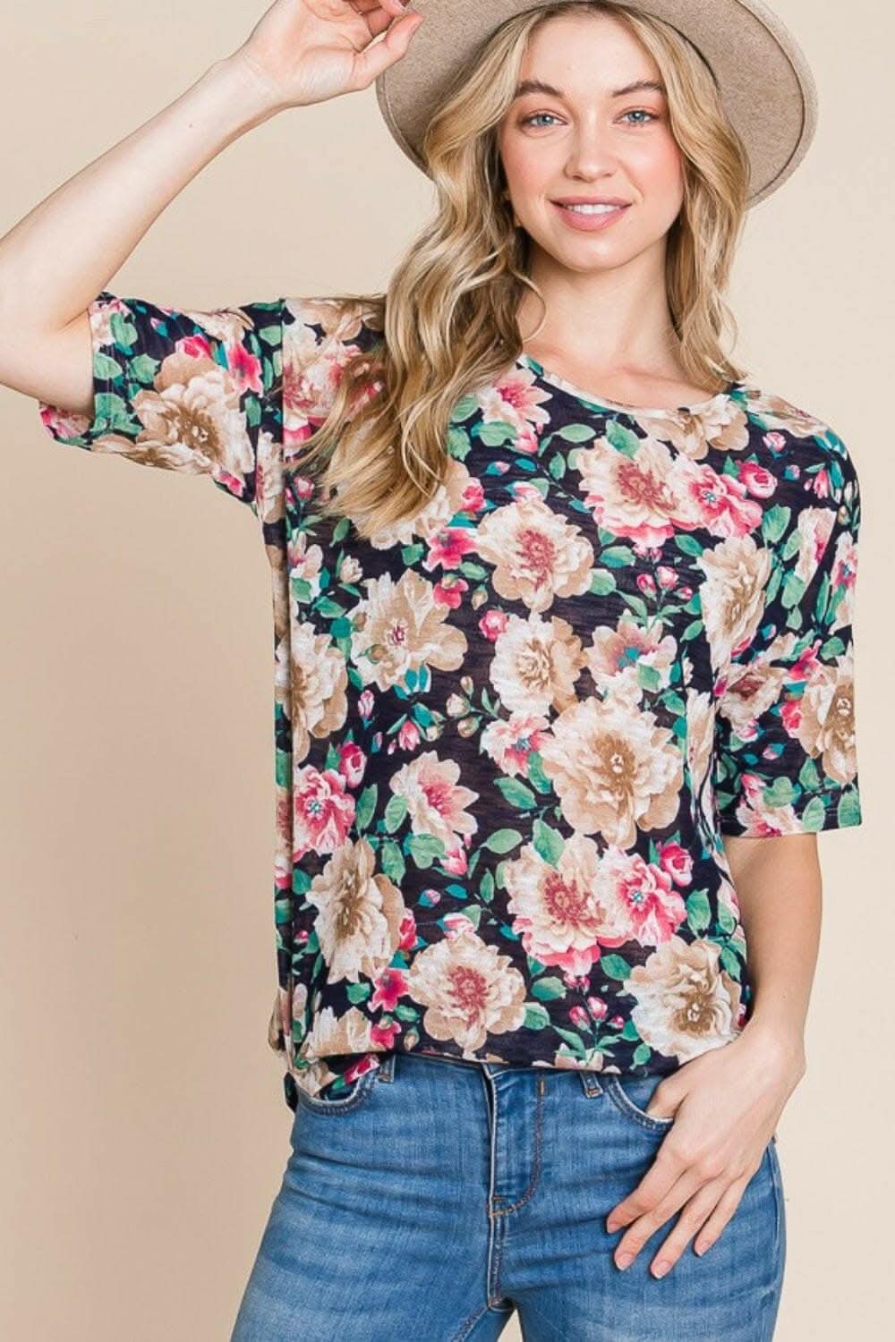 Floral Charm Round Neck Tee by BOMBOM 