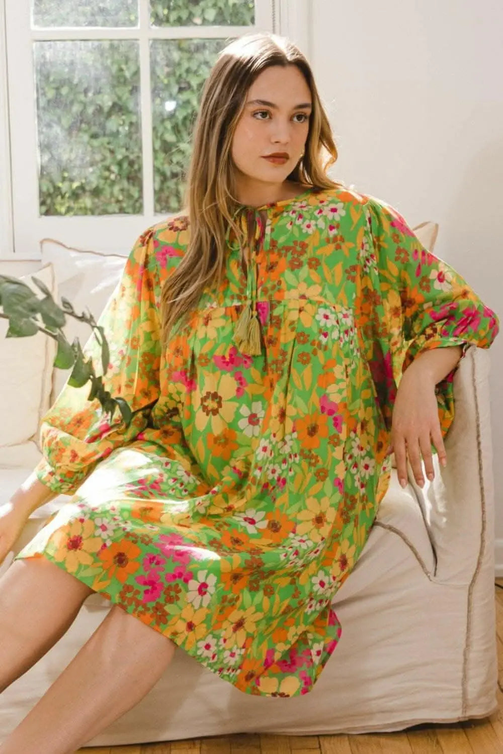 Floral Charm Tie-Neck Mini Dress - Love Salve 