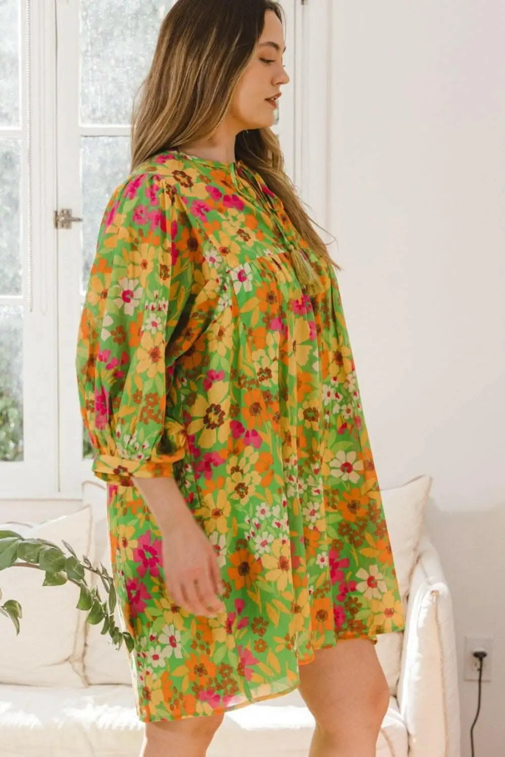 Floral Charm Tie-Neck Mini Dress - Love Salve 