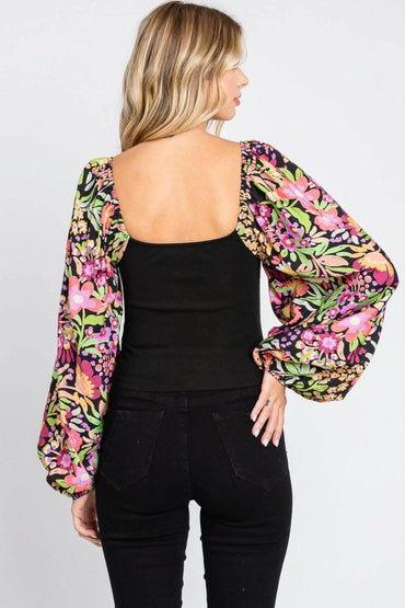 Floral Elegance Statement Blouse with Balloon Sleeves 