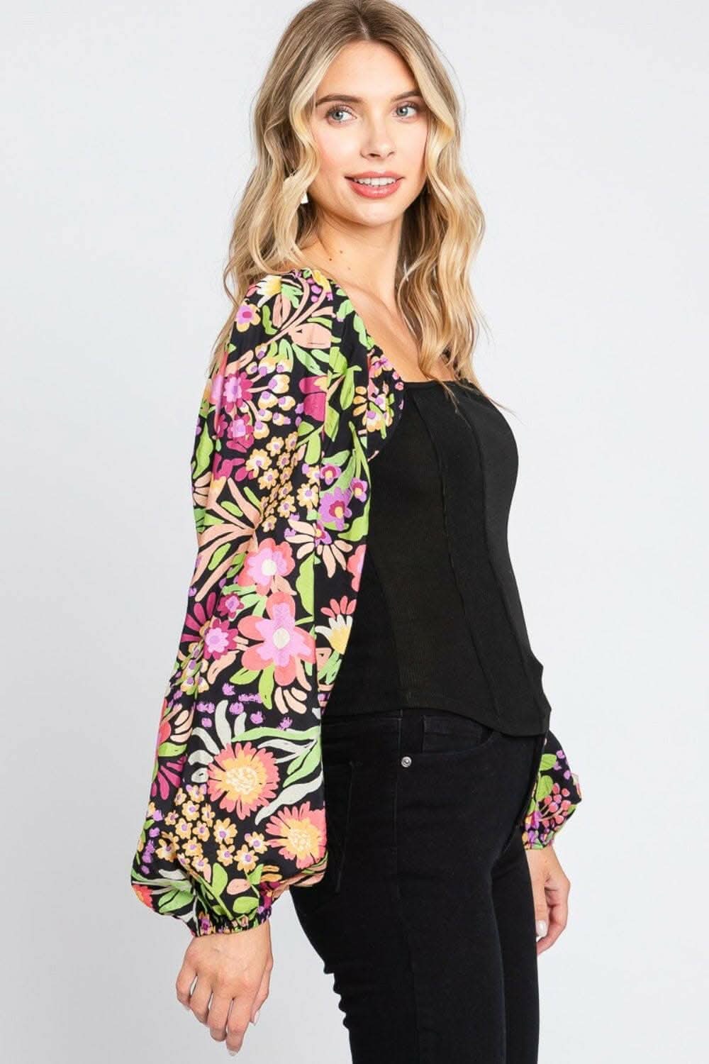 Floral Elegance Statement Blouse with Balloon Sleeves 