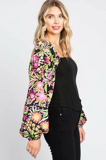 Floral Elegance Statement Blouse with Balloon Sleeves 