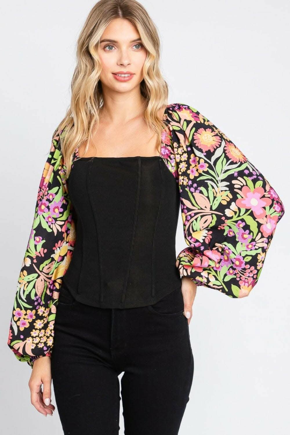 Floral Elegance Statement Blouse with Balloon Sleeves 