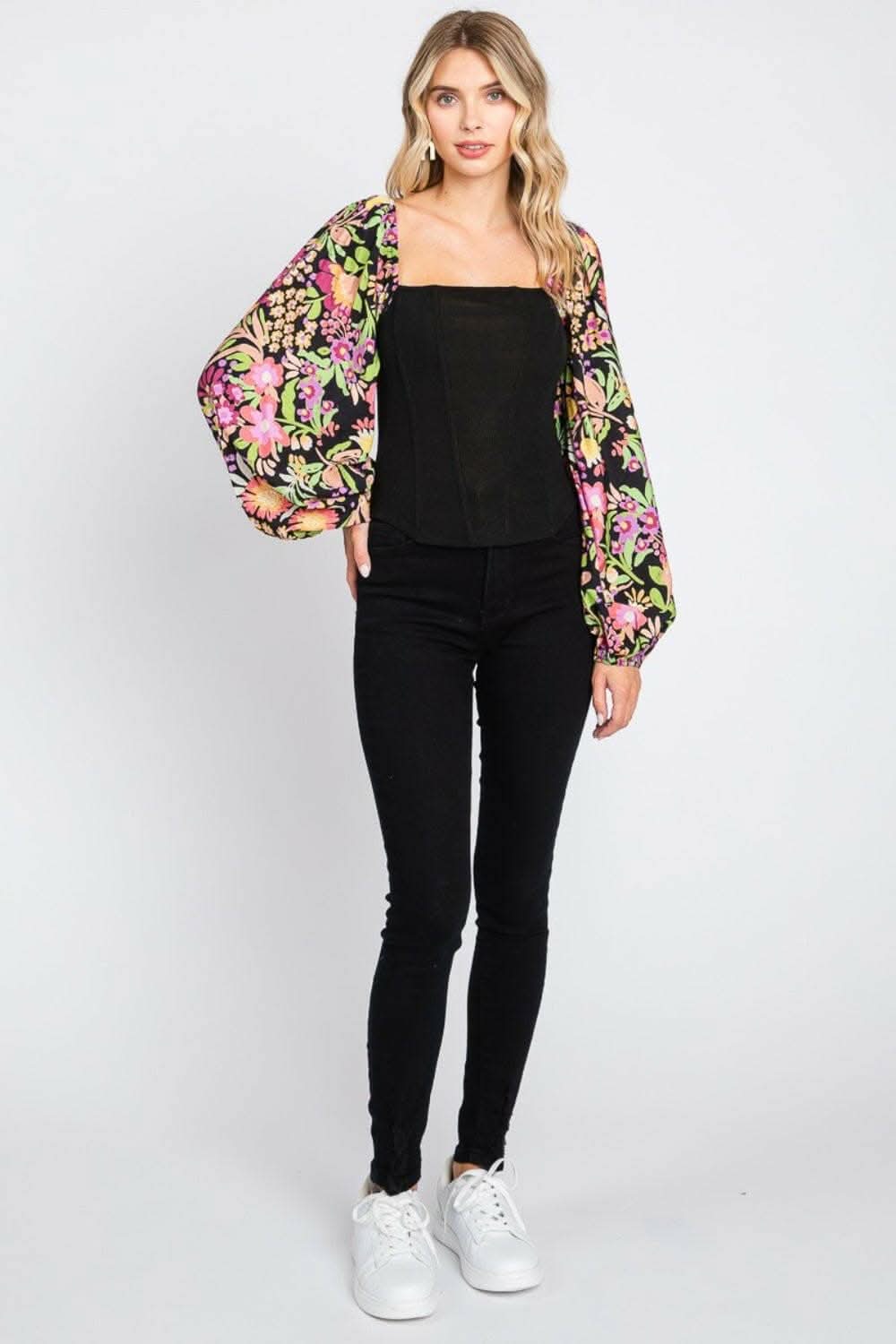 Floral Elegance Statement Blouse with Balloon Sleeves 