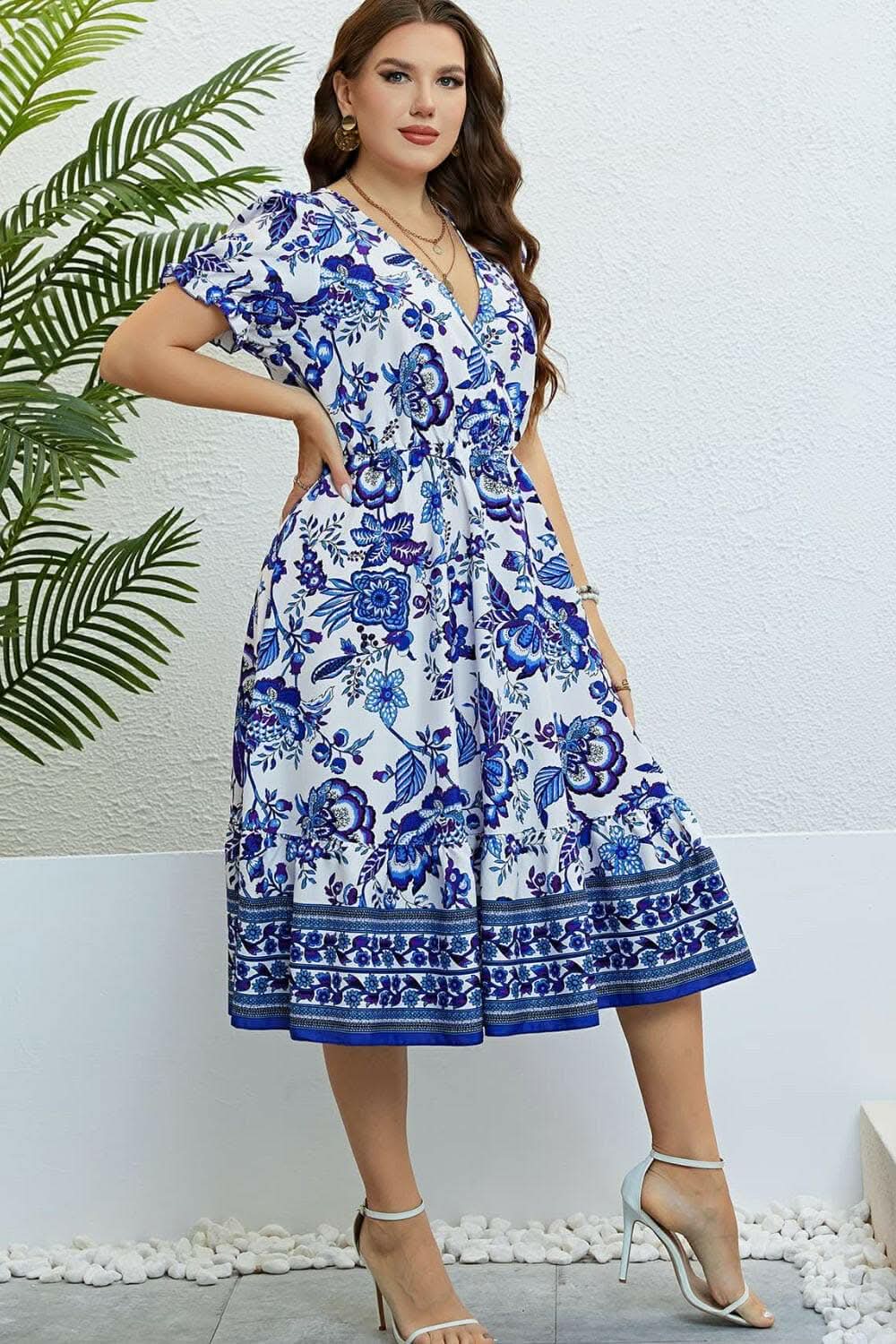 Floral Midi Dress with Flounce Sleeves - Love Salve 