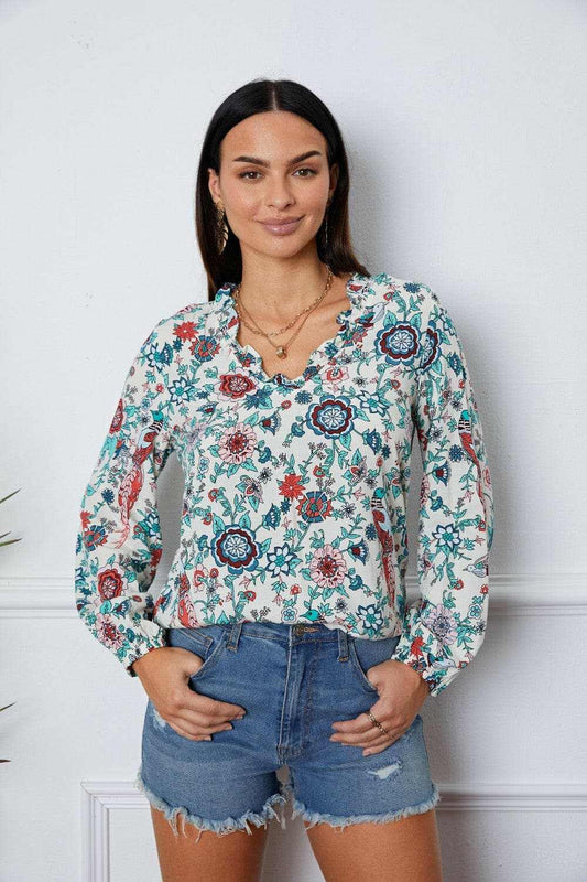 Floral Notched Blouse - Chic Design - Love Salve 