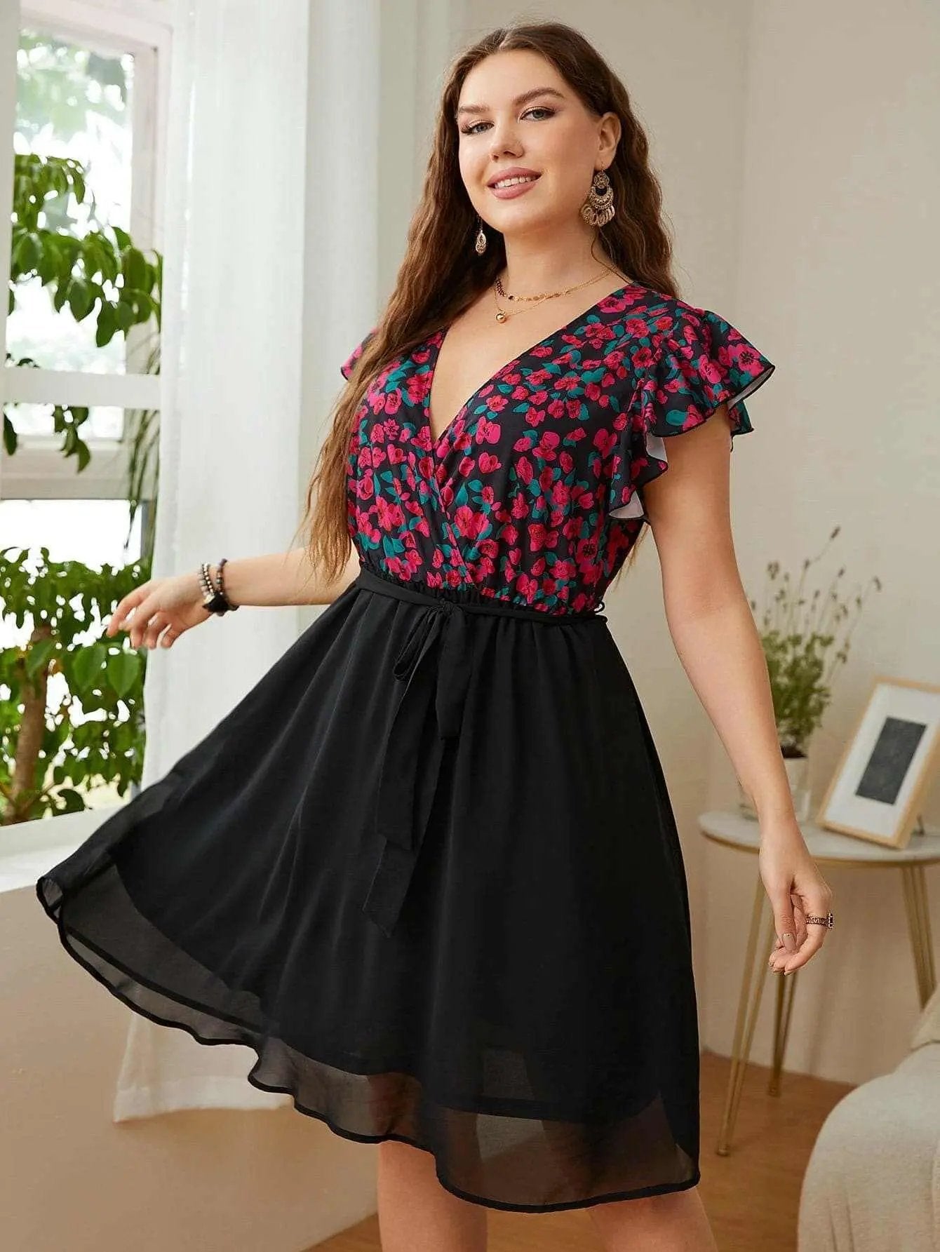 Floral Plus Size Dress - Flutter Sleeves - Love Salve 