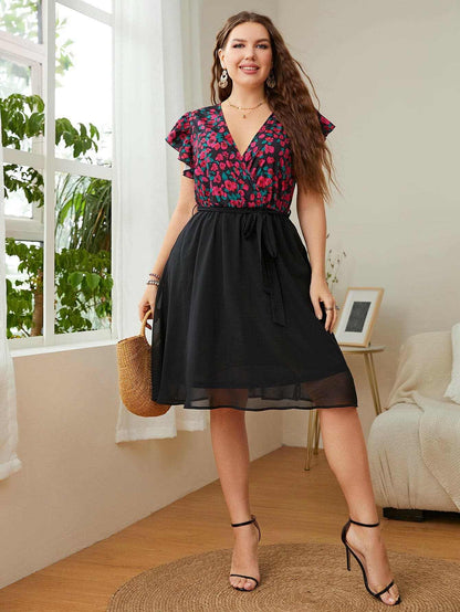 Floral Plus Size Dress - Flutter Sleeves - Love Salve 