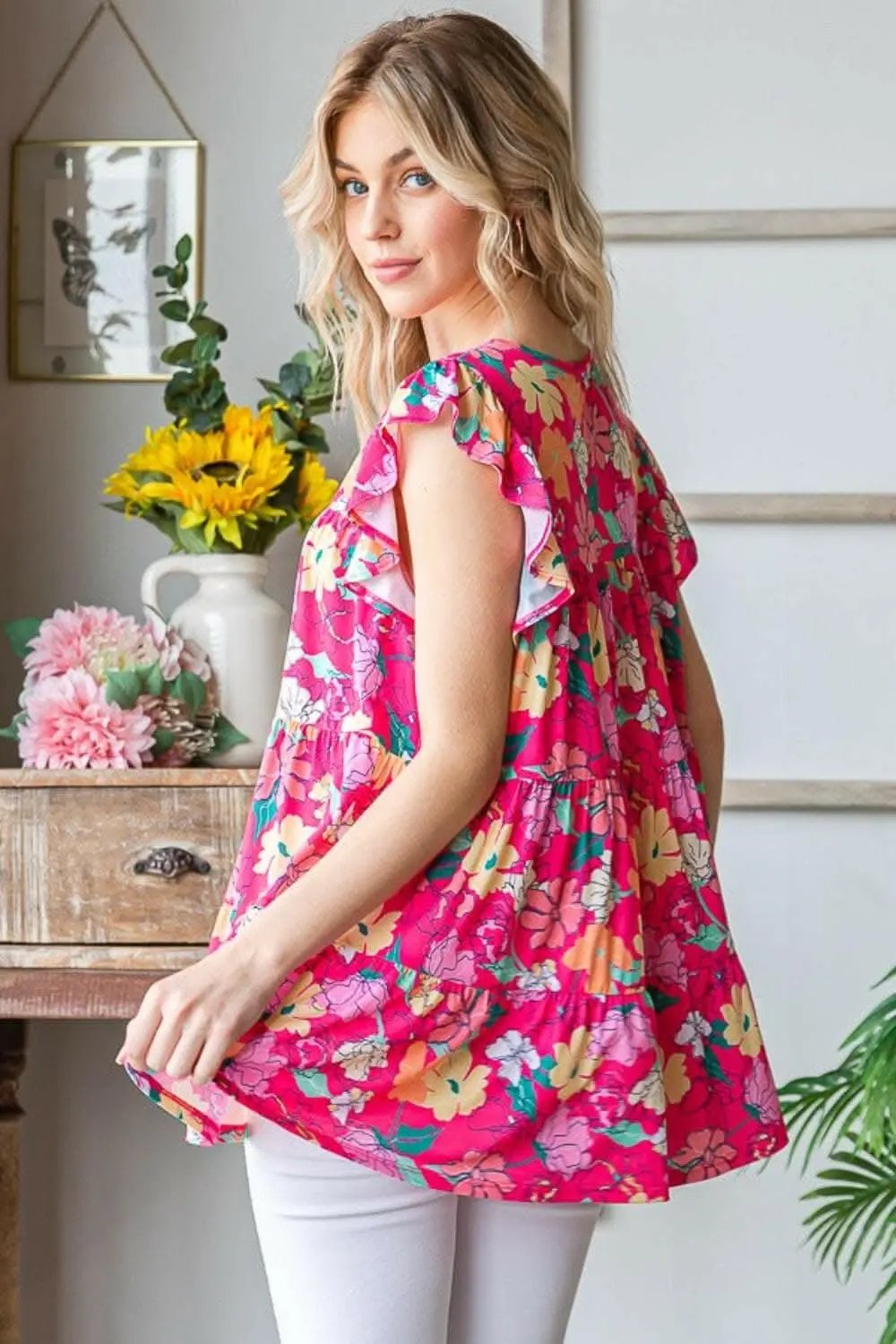 Floral Ruffle Sleeve Blouse - Love Salve 