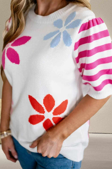 Floral half sleeve knit top 
