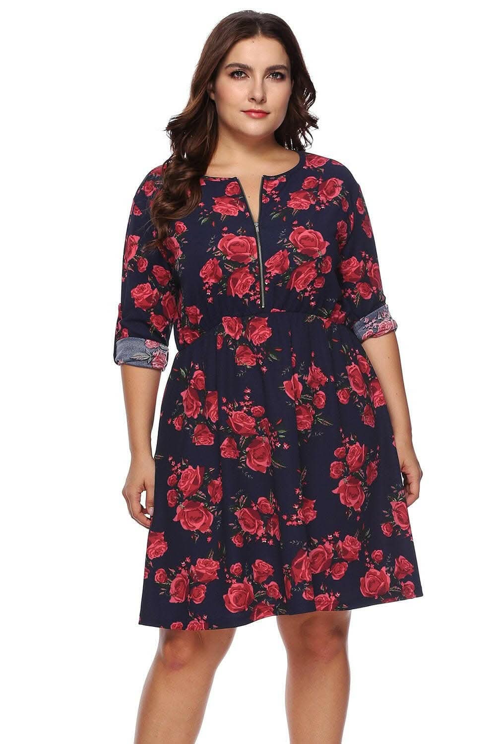 Floral half zip dress for curves - Love Salve 
