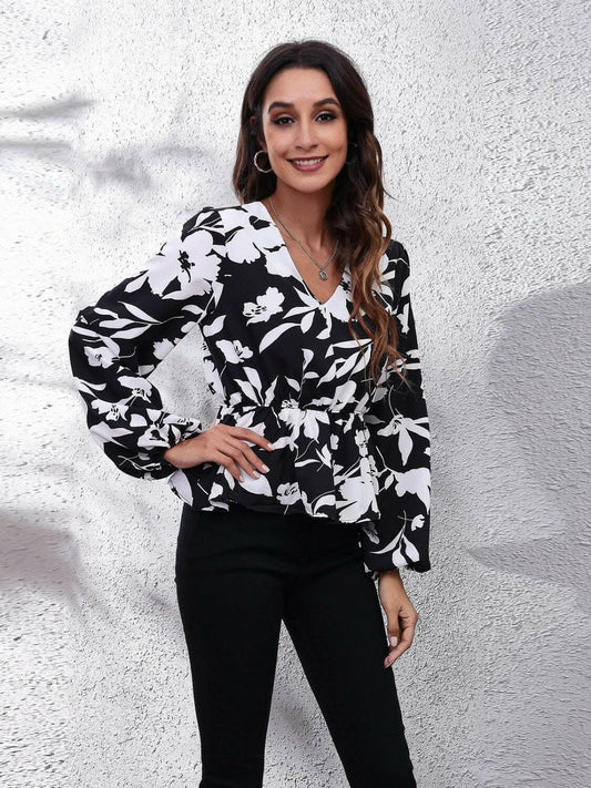 Floral peplum blouse with v-neck - Love Salve 