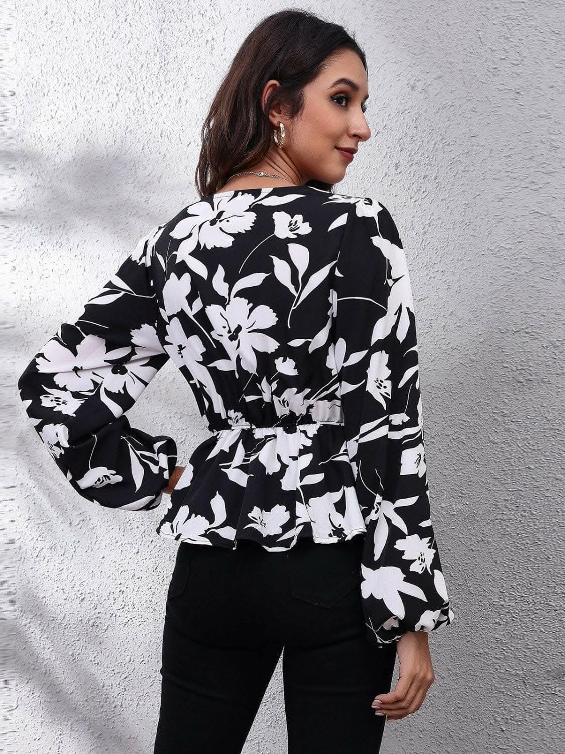 Floral peplum blouse with v-neck - Love Salve 