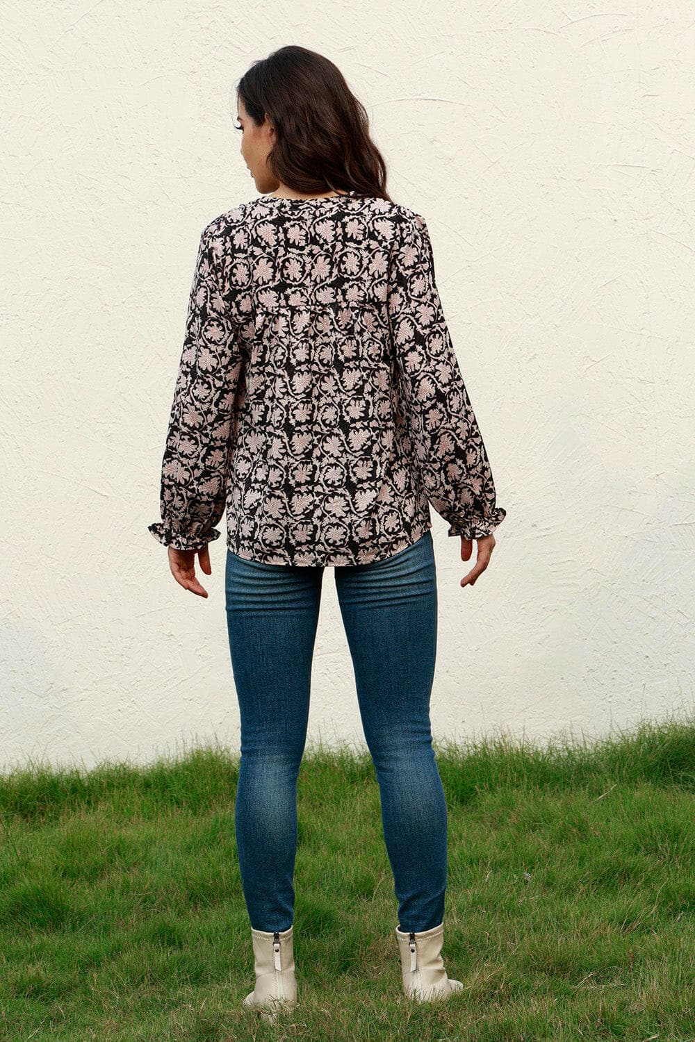 Floral round neck blouse with flounce sleeves - Love Salve 
