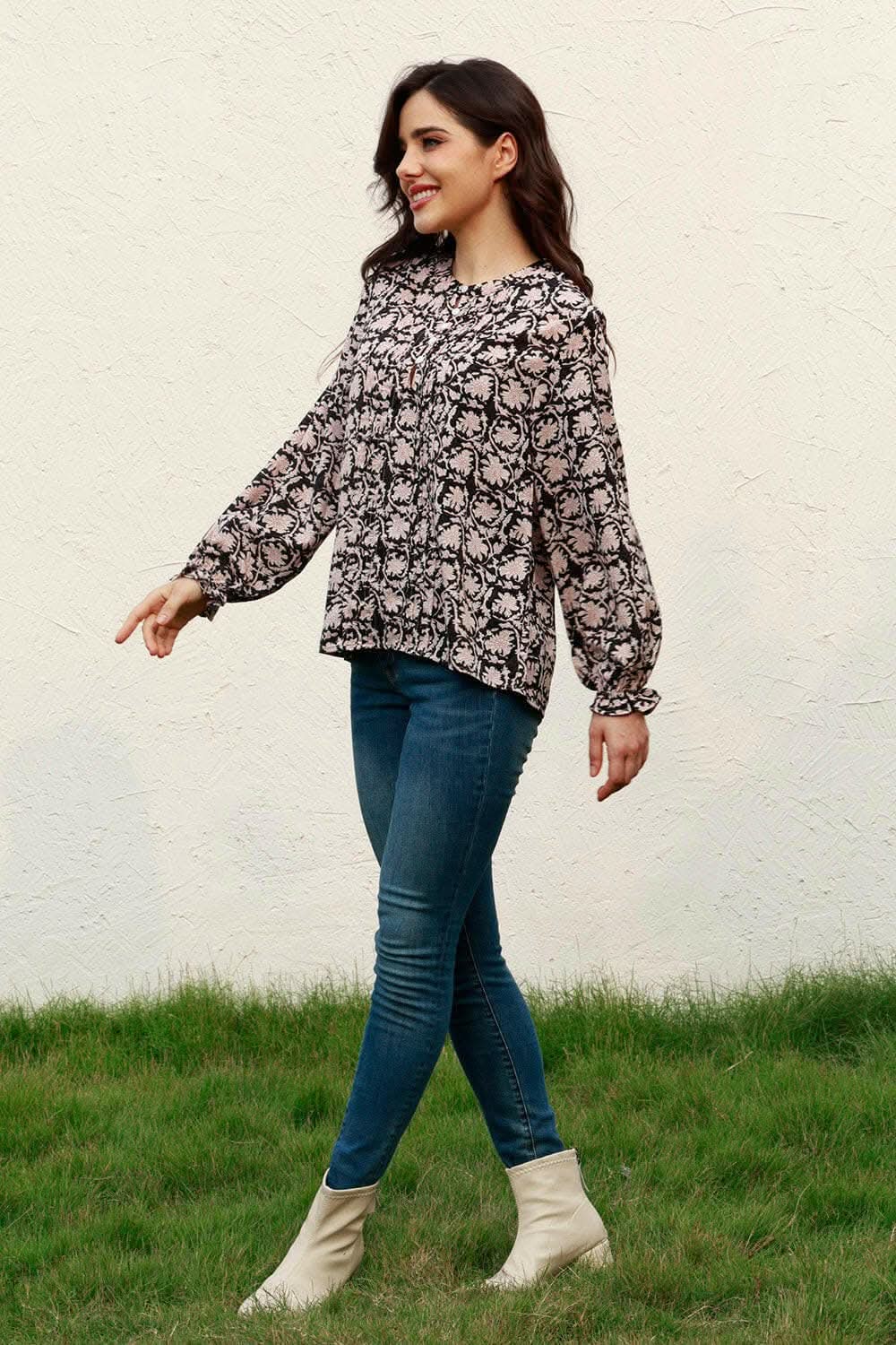 Floral round neck blouse with flounce sleeves - Love Salve 