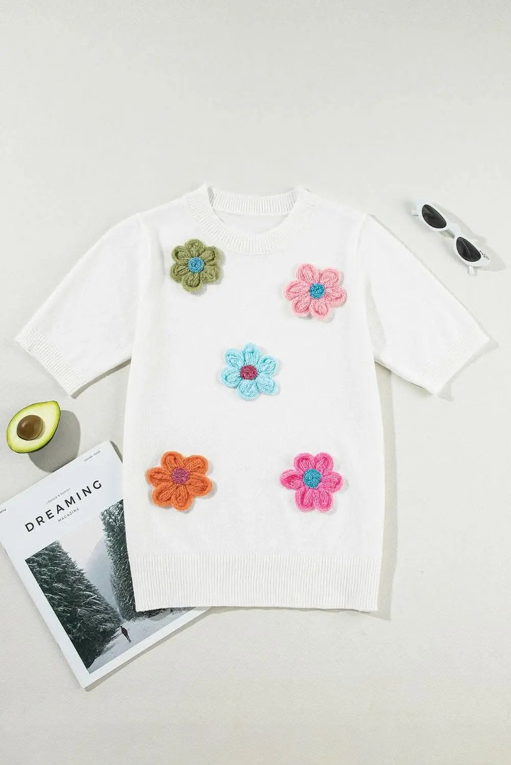 Floral round neck short sleeve sweater - Love Salve 