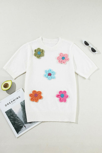 Floral round neck short sleeve sweater 