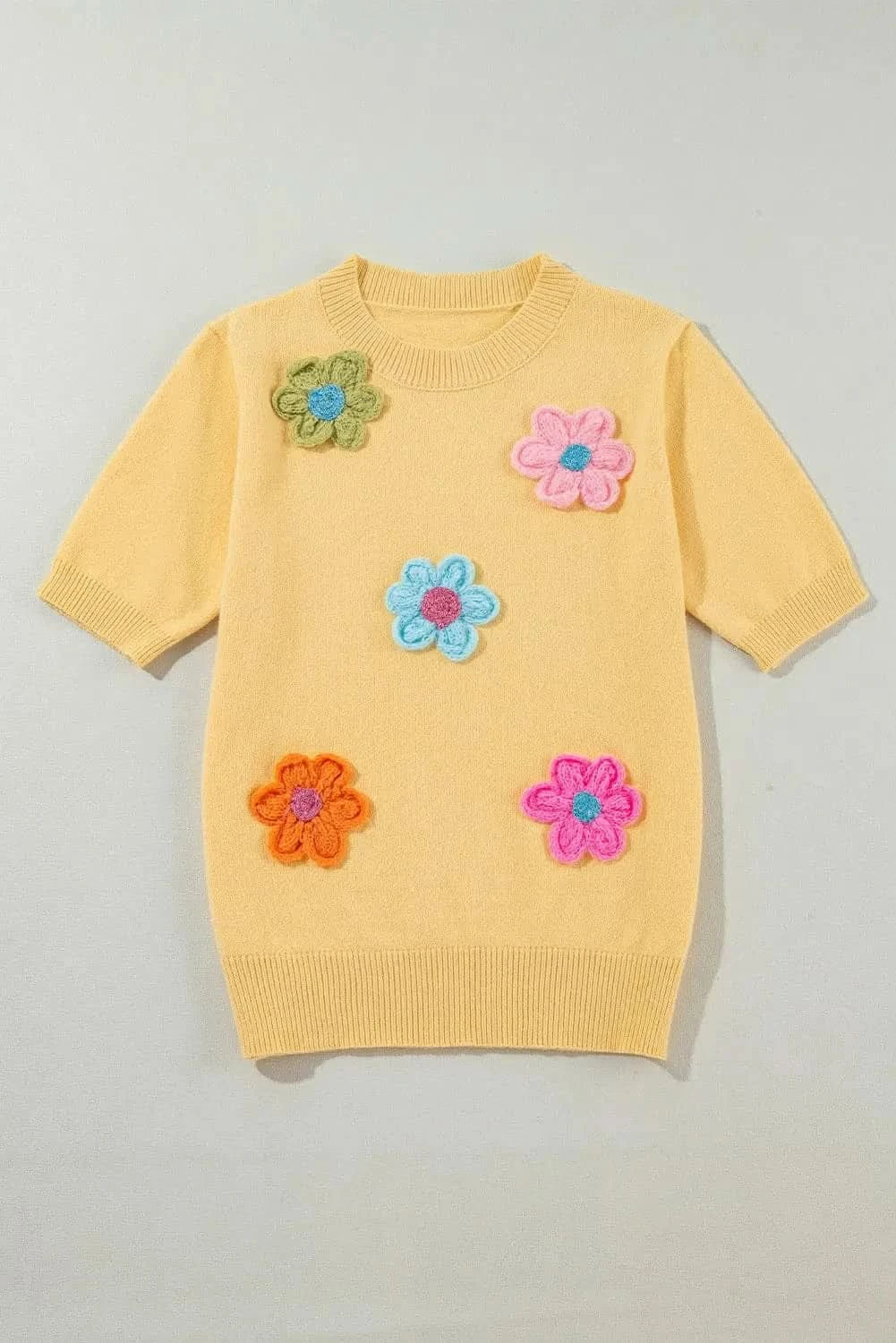 Floral round neck short sleeve sweater 