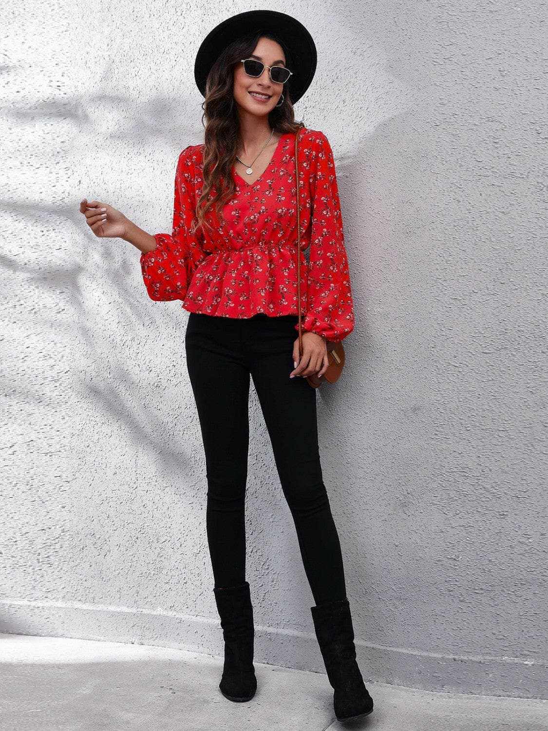 Floral v-neck blouse with sleeves - Love Salve 