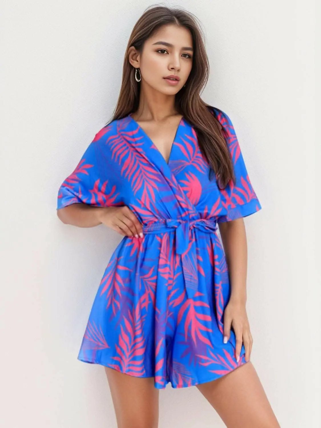 Floral v-neck romper with sleeves - Love Salve 