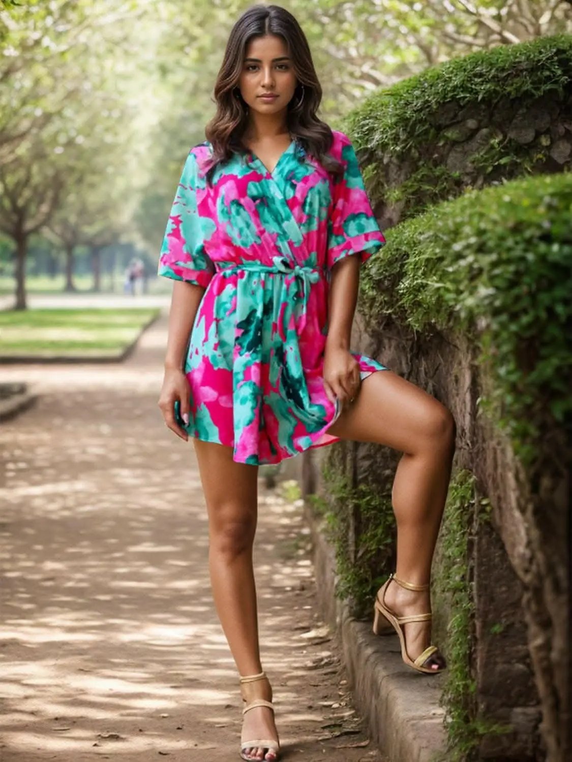 Floral v-neck romper with sleeves - Love Salve 