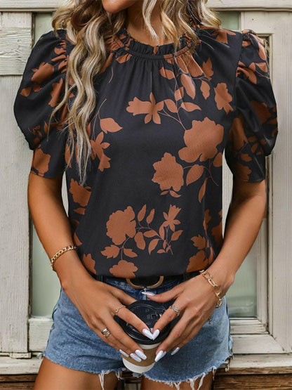 Frill puff sleeve blouse - printed design - Love Salve 