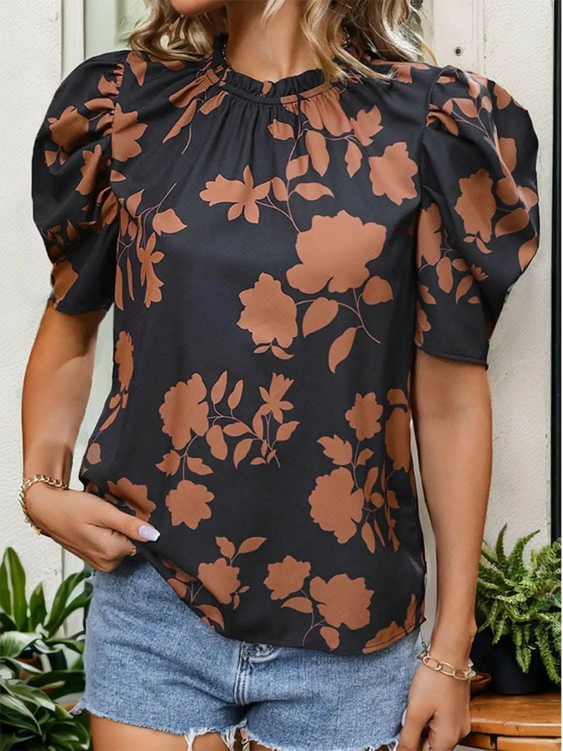 Frill puff sleeve blouse - printed design - Love Salve 