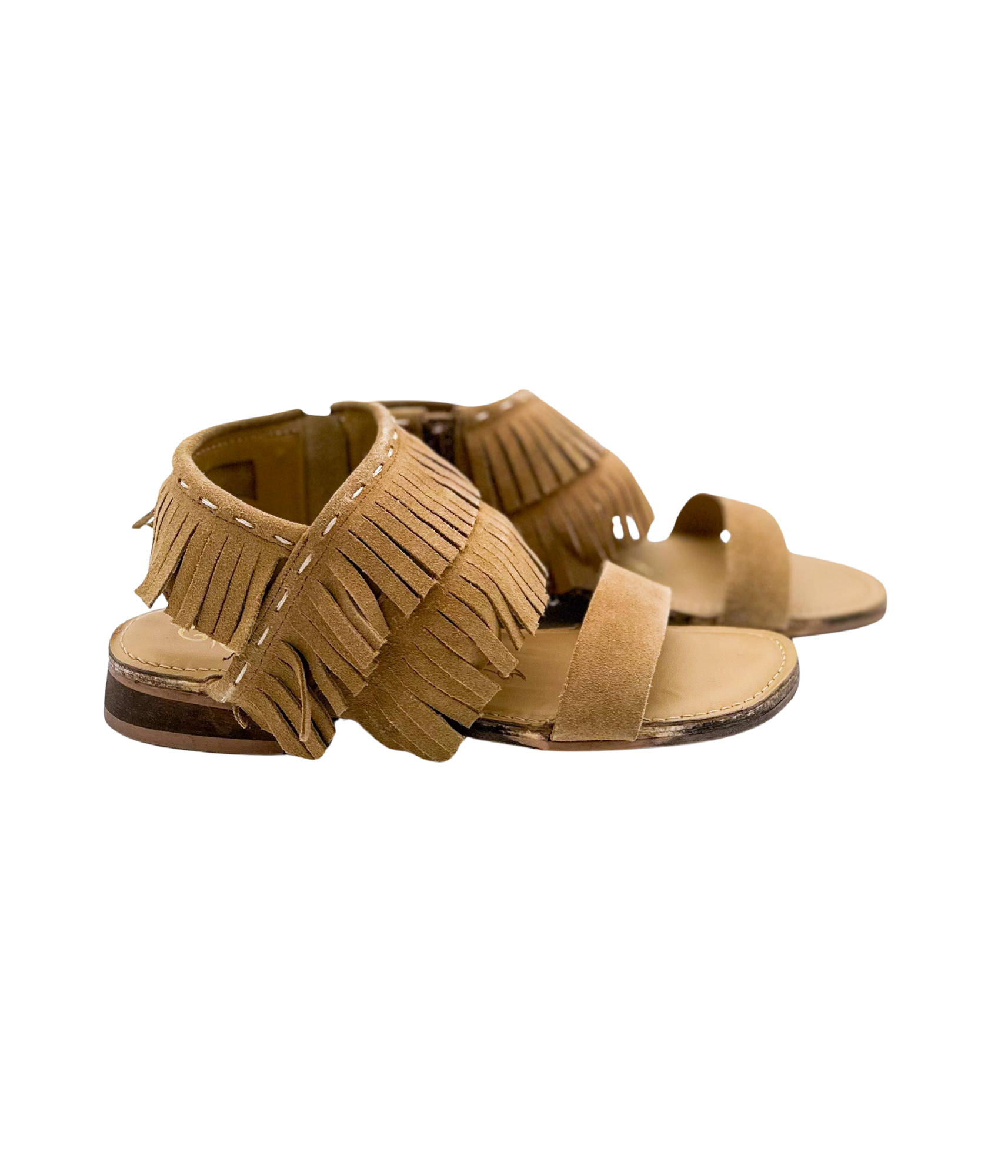 Fringe Star Sandal Tan Boho Faux Suede Side Zip Heel Naughty Monkey