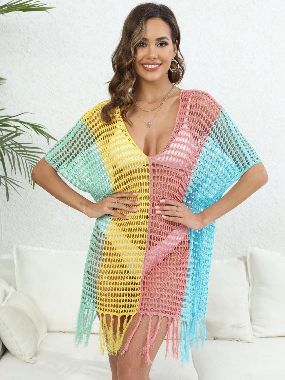 Fringe color block beach cover up 