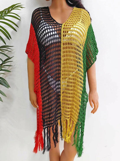Fringe color block beach cover up 