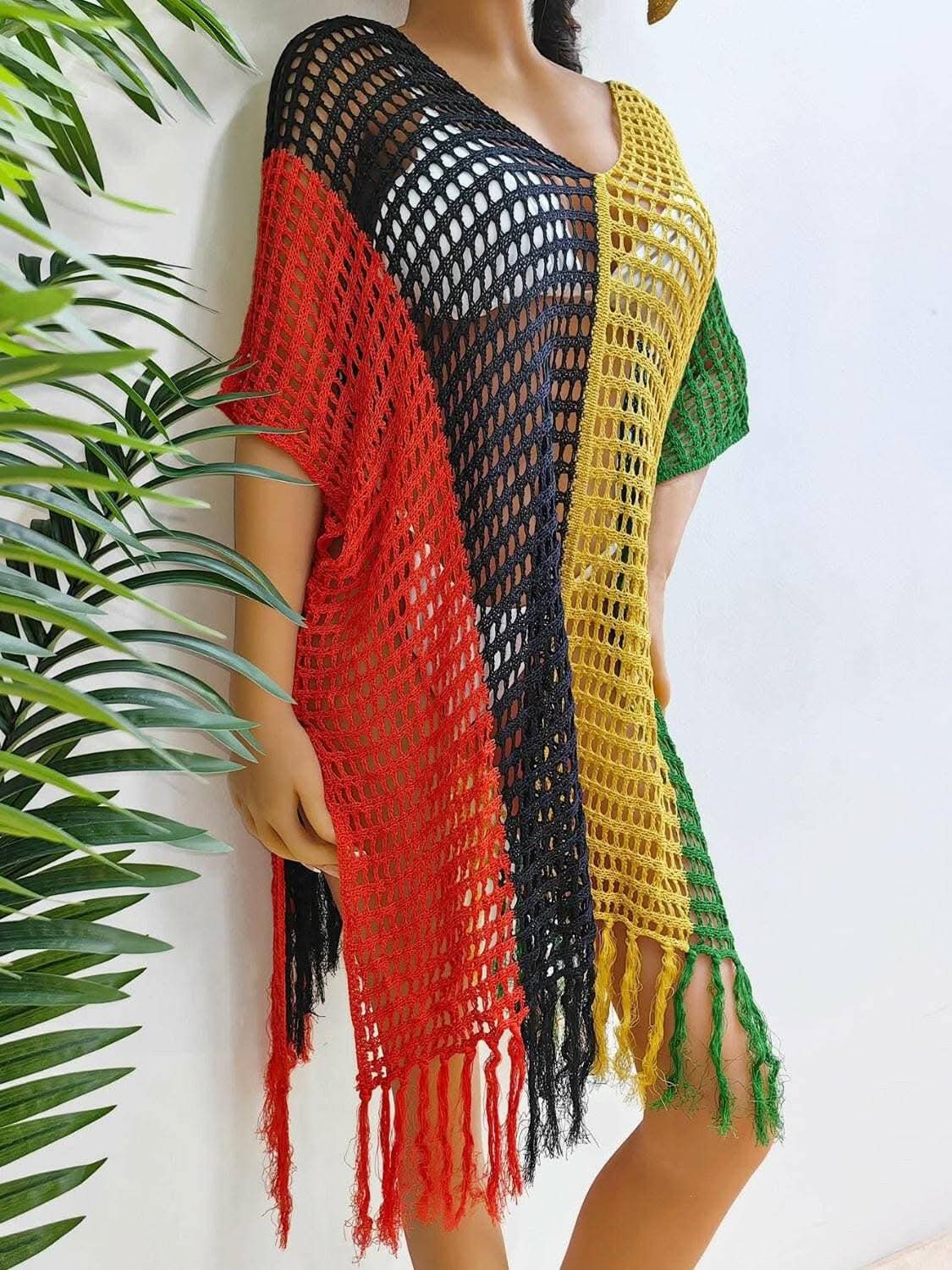 Fringe color block beach cover up 