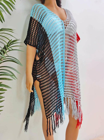 Fringe color block beach cover up 