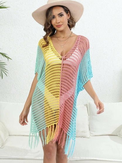 Fringe color block beach cover up 