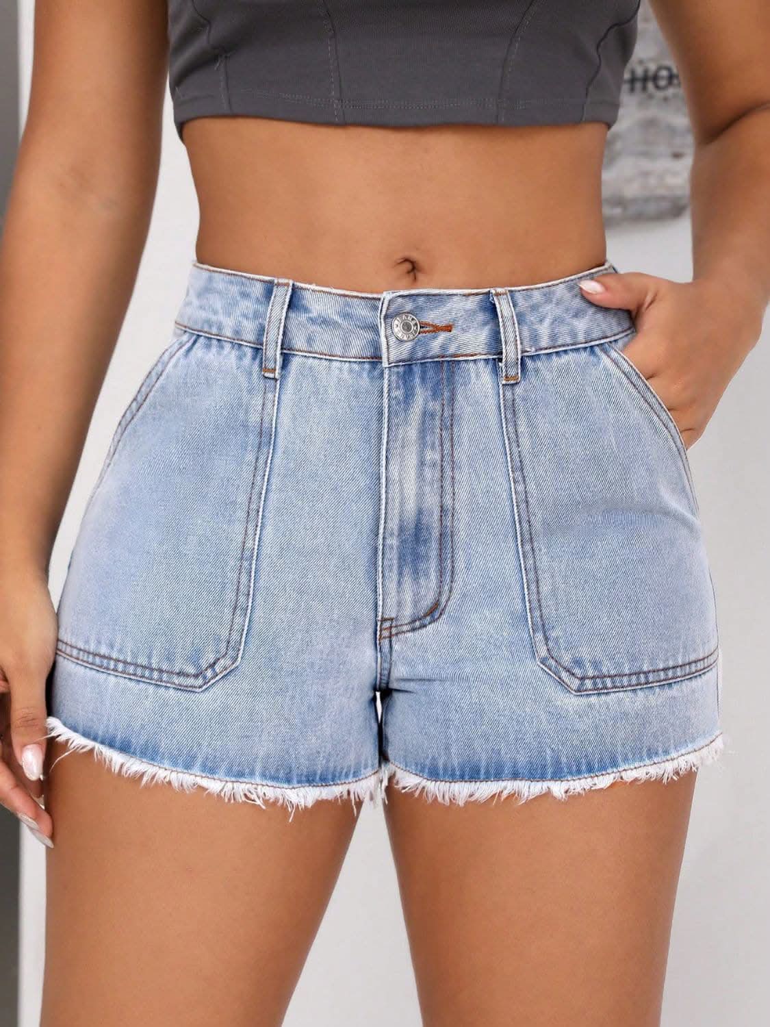 Fringe hem denim shorts with pockets 