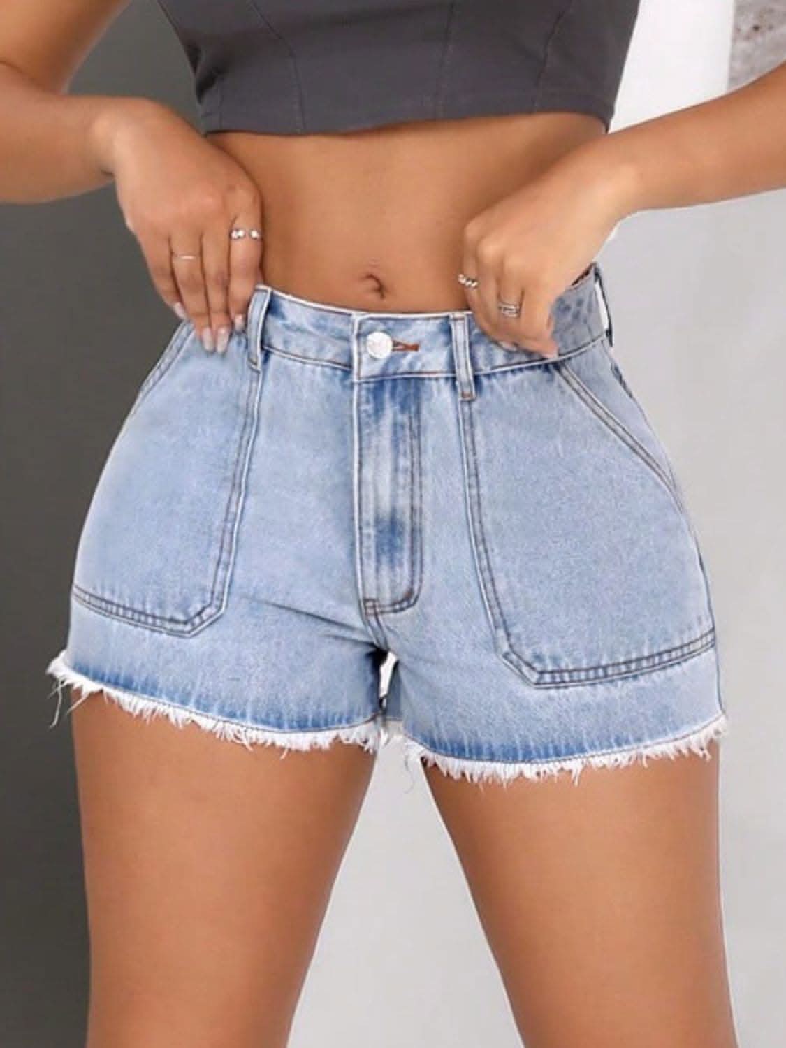 Fringe hem denim shorts with pockets 