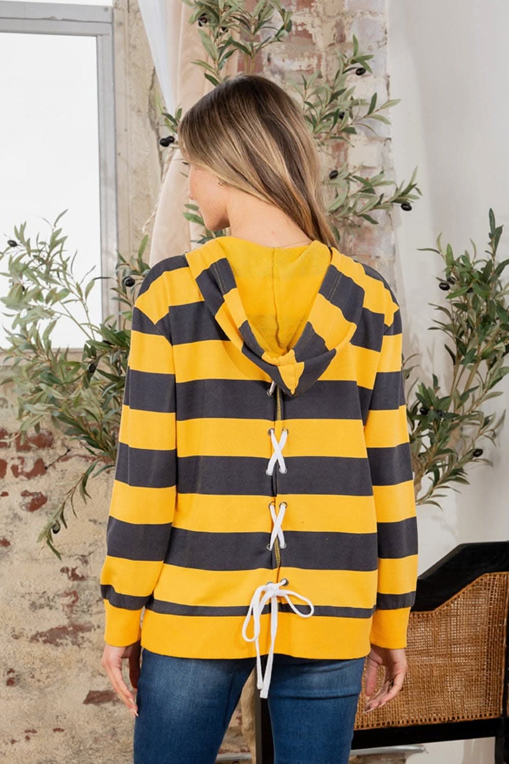Full Size Drawstring Striped Long Sleeve Hoodie - Love Salve 
