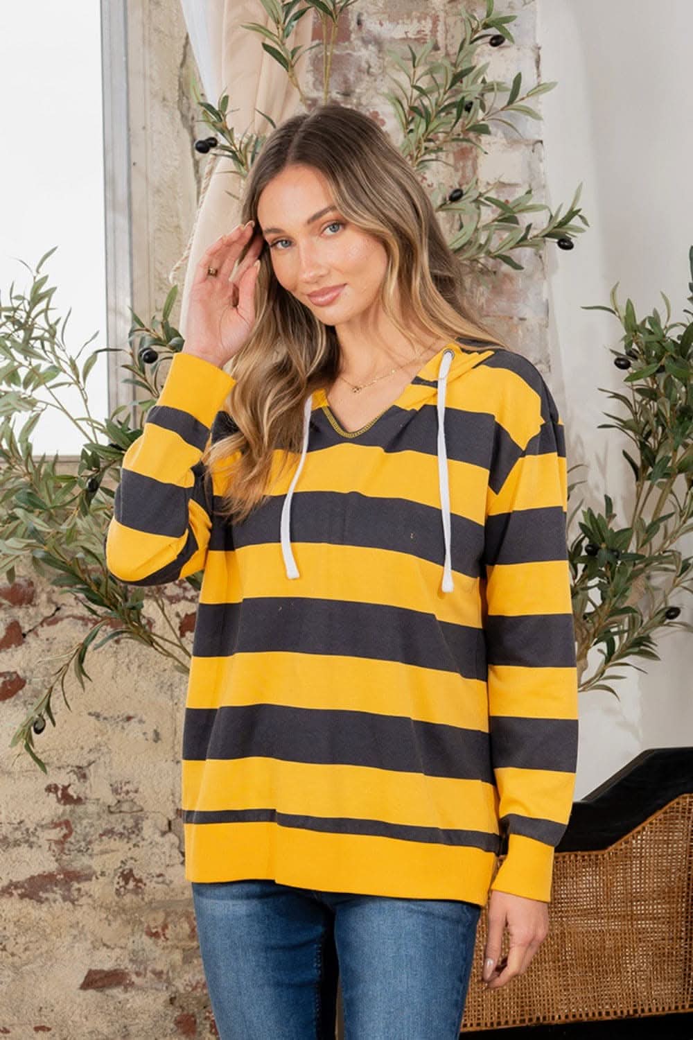 Full Size Drawstring Striped Long Sleeve Hoodie - Love Salve 