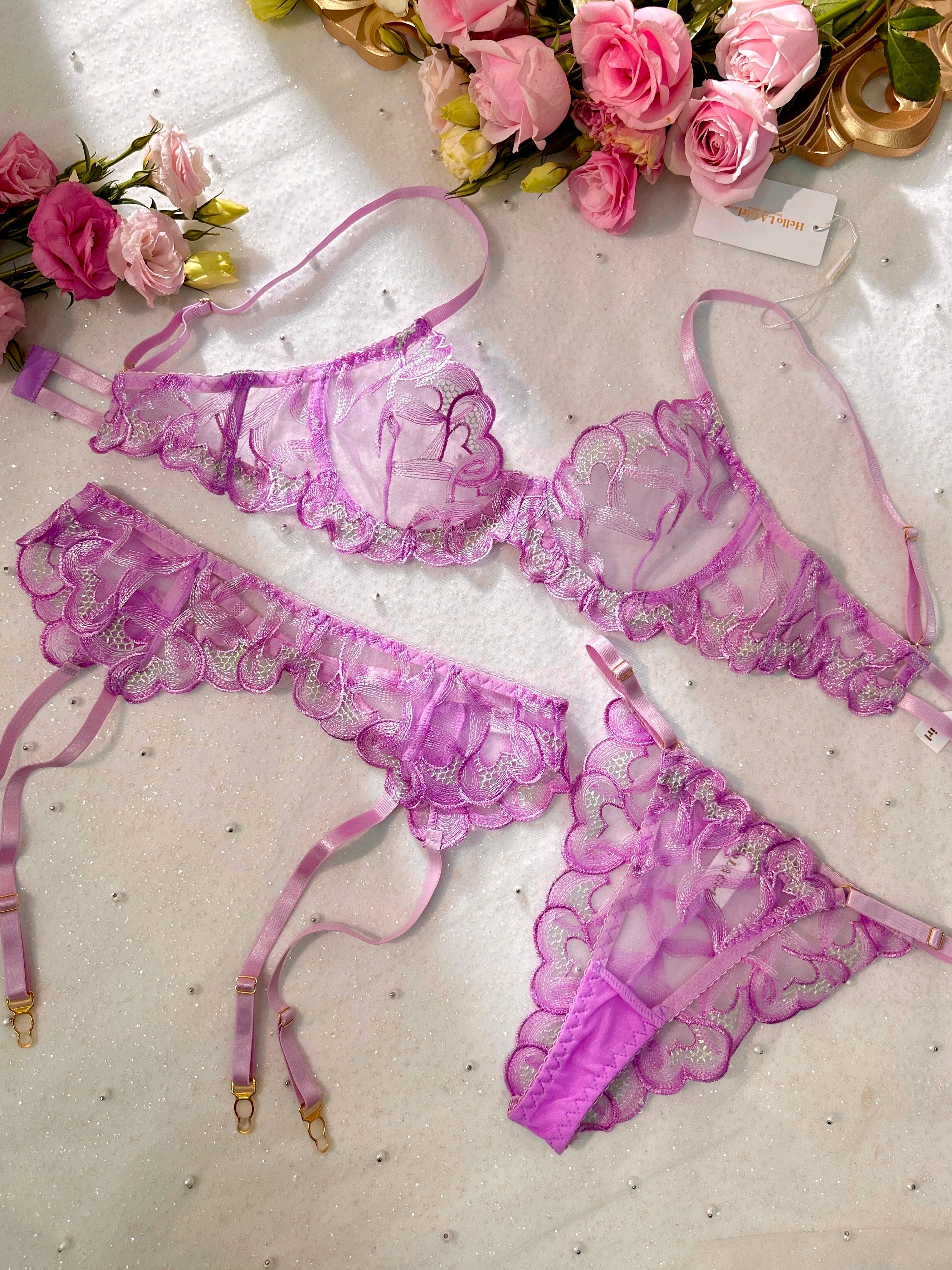 Lavender Sheer Embroidered Lingerie Set With Romance Hello.LA.Girl