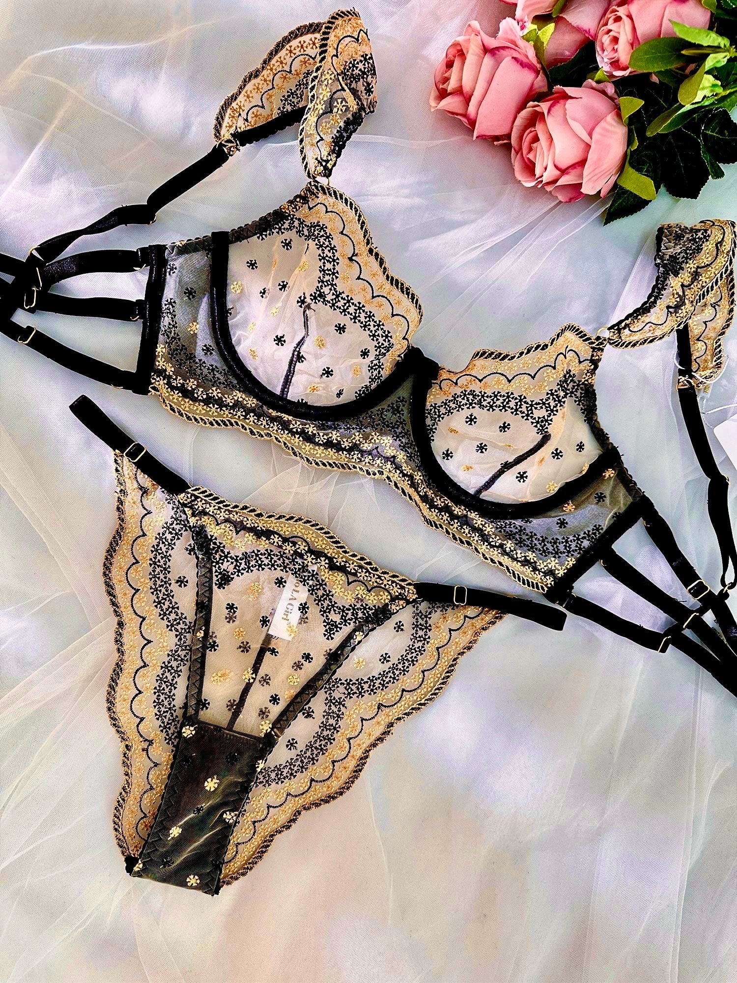 Black Gold Lace Embroidered Lingerie Set Three Piece Hello.LA.Girl