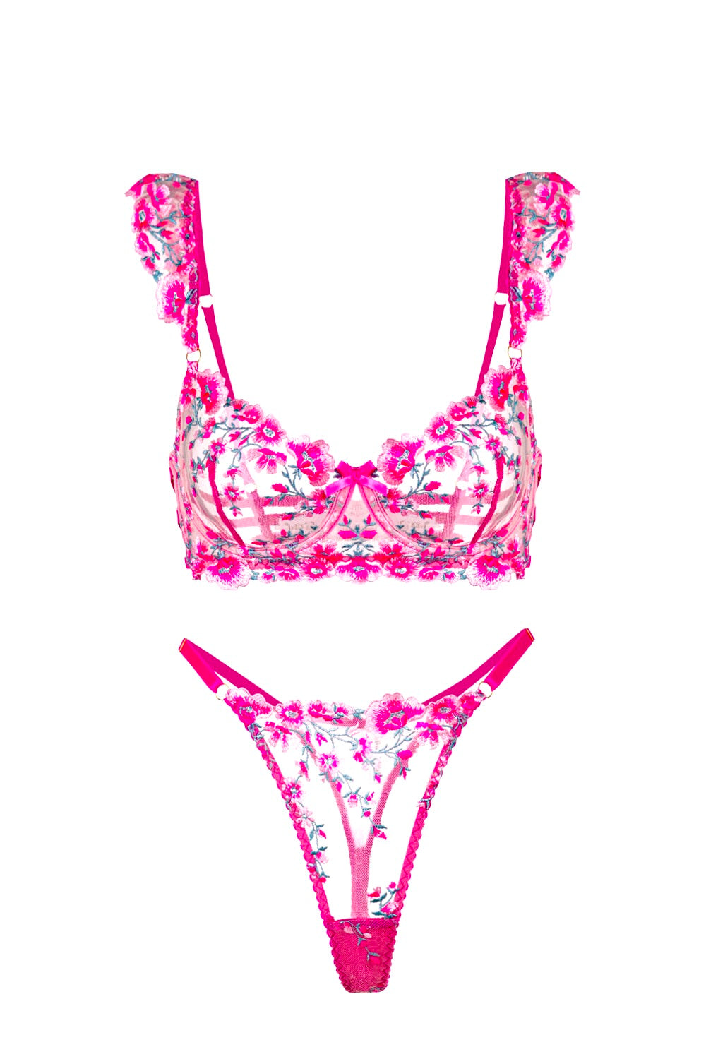 Pink Blossom Embroidery Lingerie Set With Sheer Mesh Underwire Hello.LA.Girl
