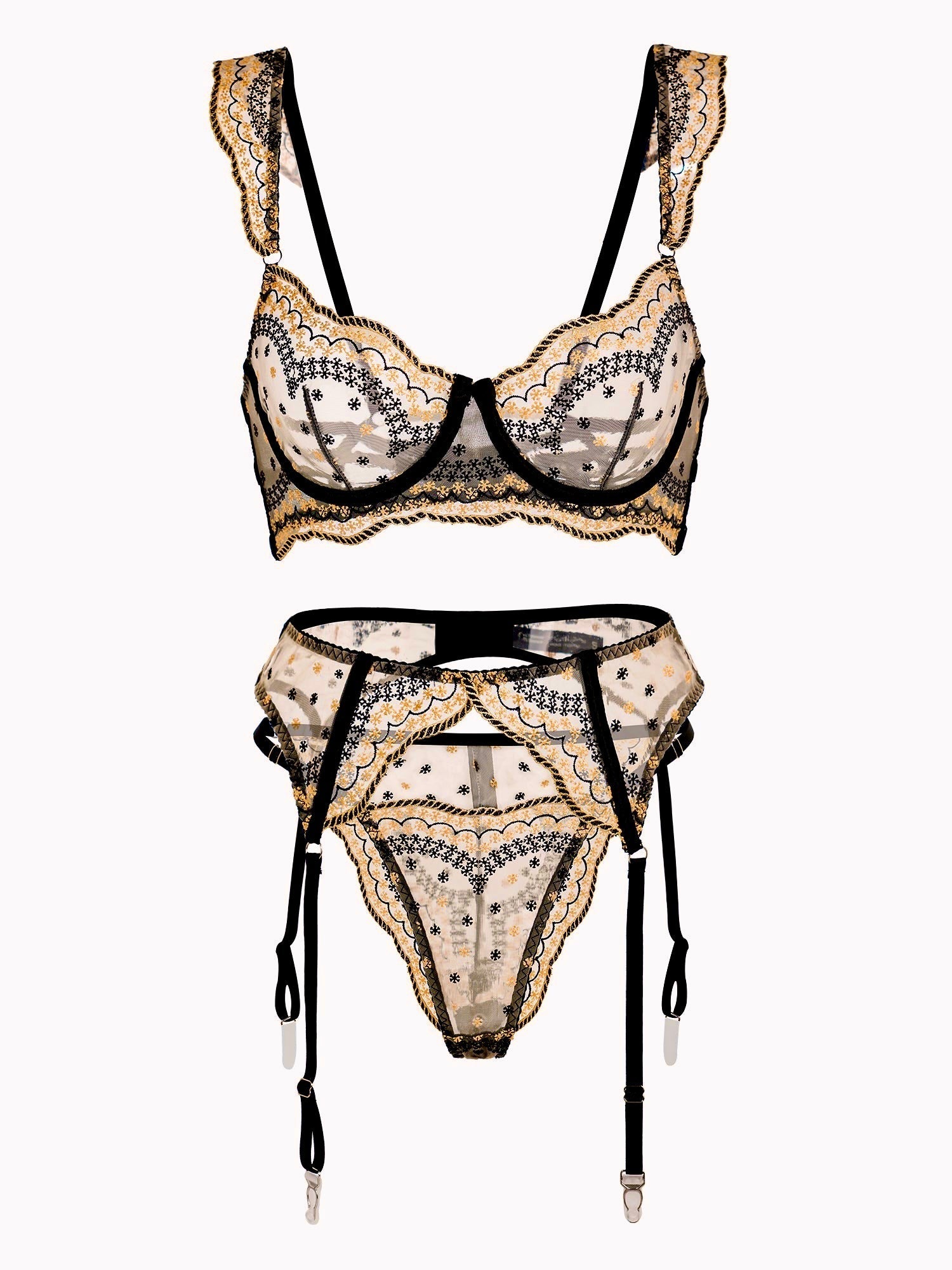 Black Gold Lace Embroidered Lingerie Set Three Piece Hello.LA.Girl