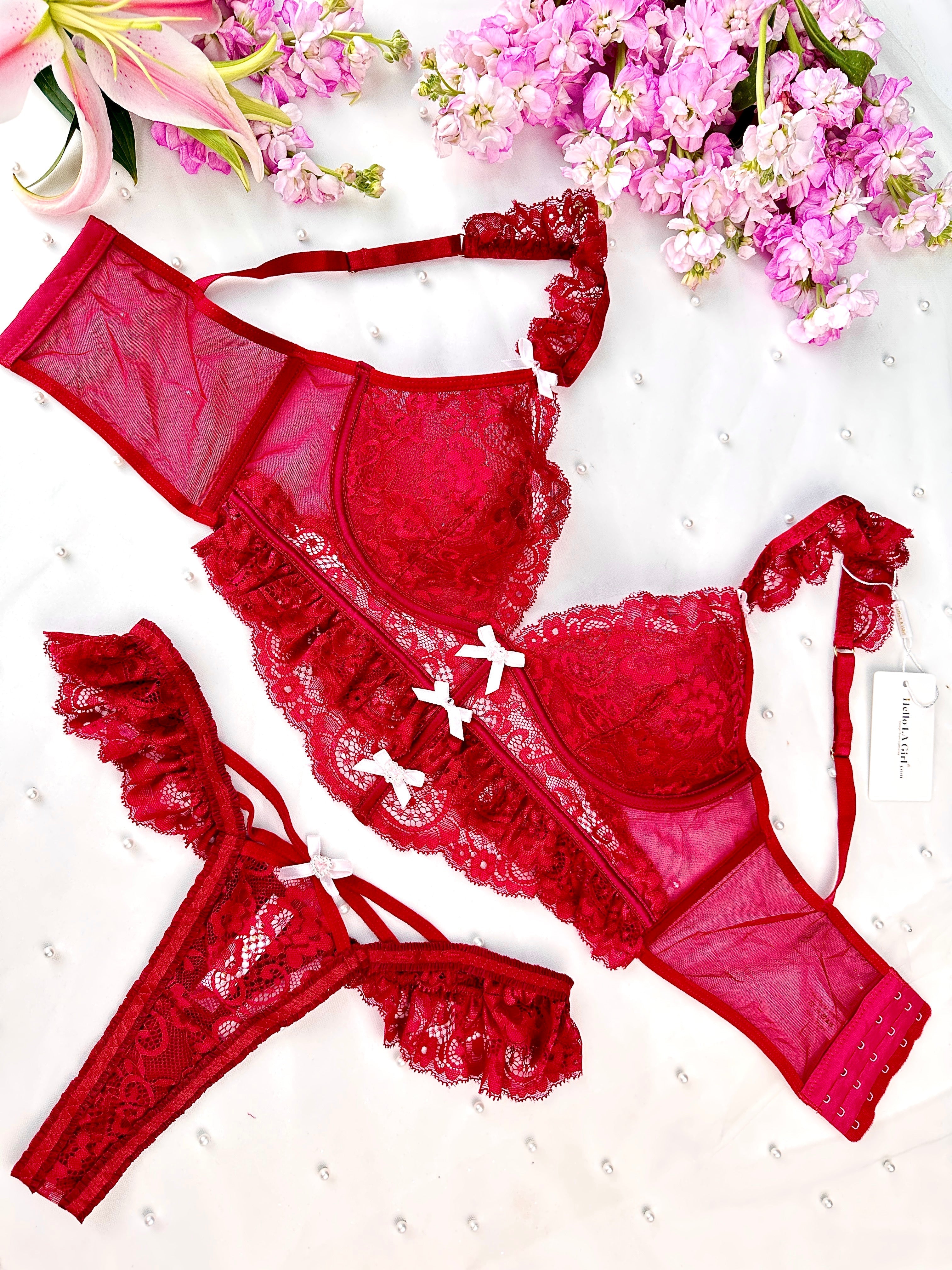 Scarlett Temptation Red Lace Lingerie Set With Sheer Mesh Hello.LA.Girl