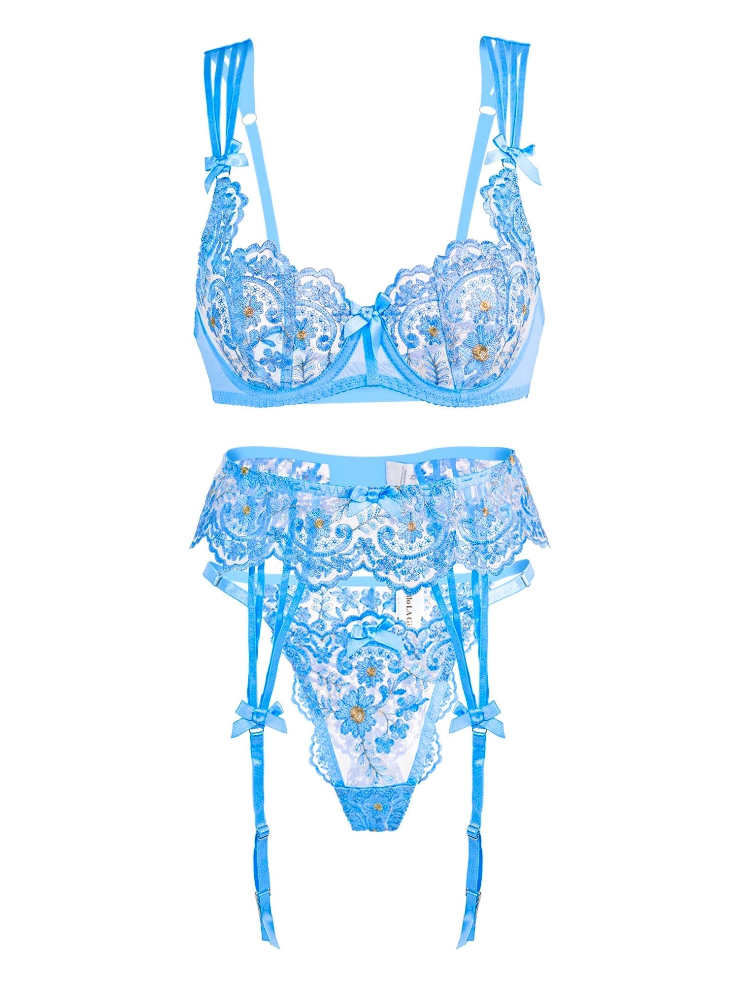 Azure Blossom Blue Floral Embroidery Lingerie With Lace Hello.LA.Girl