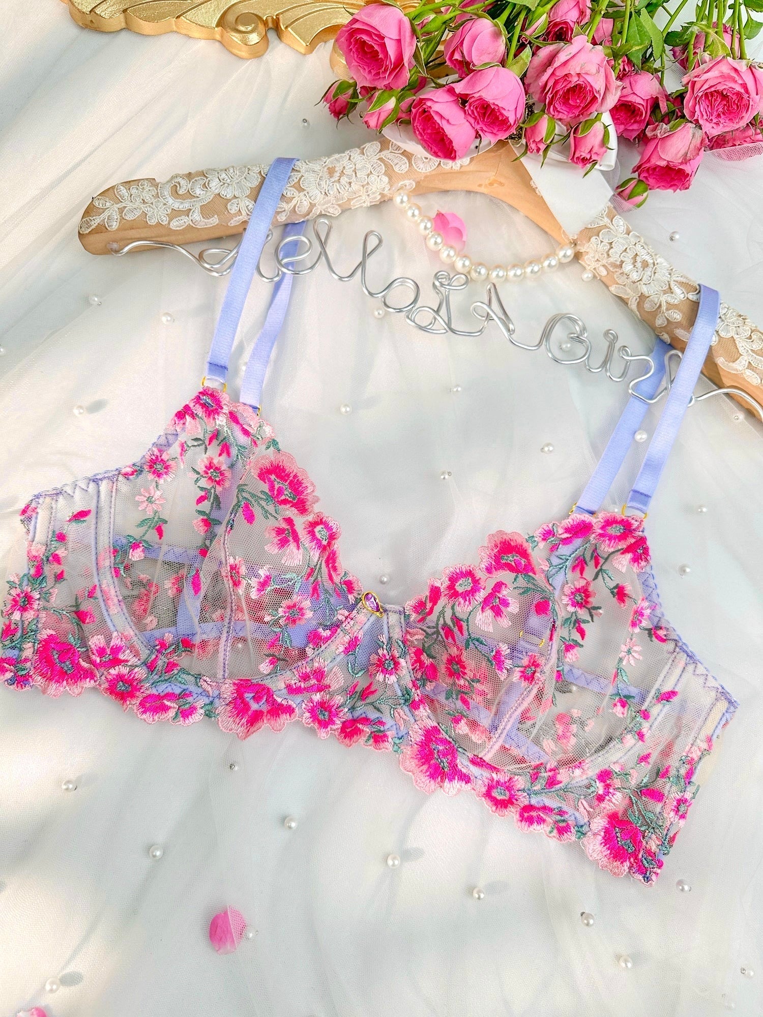 Fantasy Pink Bloom Embroidery Lingerie Set With Lavender Hello.LA.Girl