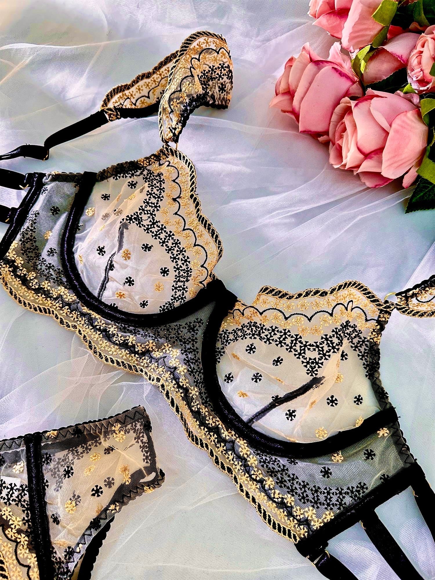 Black Gold Lace Embroidered Lingerie Set Three Piece Hello.LA.Girl