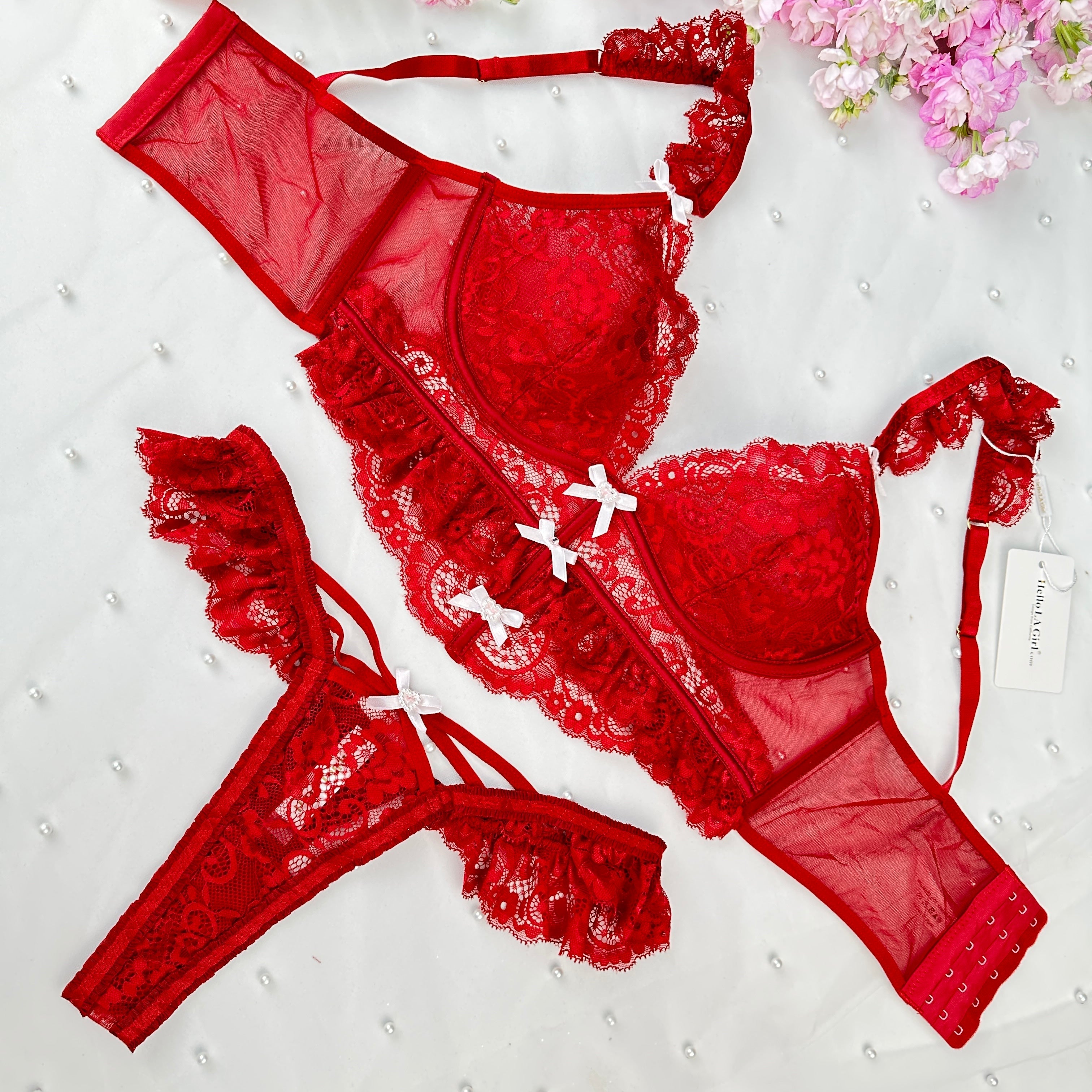 Scarlett Temptation Red Lace Lingerie Set With Sheer Mesh Hello.LA.Girl